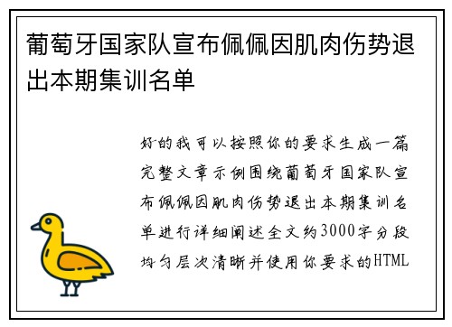 葡萄牙国家队宣布佩佩因肌肉伤势退出本期集训名单