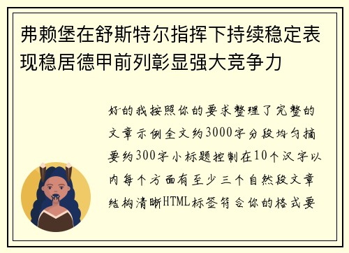弗赖堡在舒斯特尔指挥下持续稳定表现稳居德甲前列彰显强大竞争力